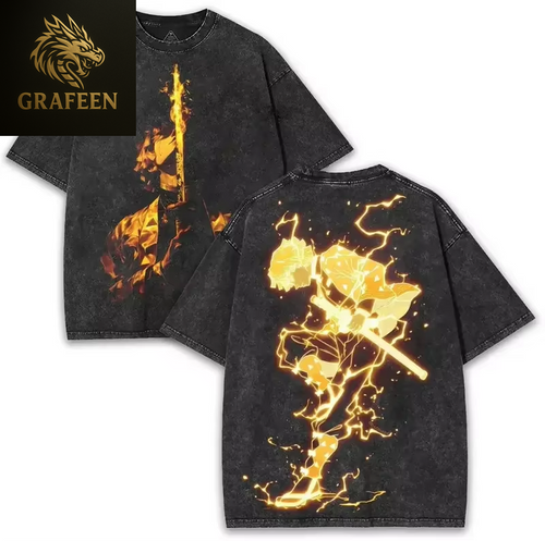 25 New Hot Anime Demon Slayer Agatsuma Zenitsu T-Shirt Men Washed Cotton Casual Loose Harajuku Male Vintage Tees Tops