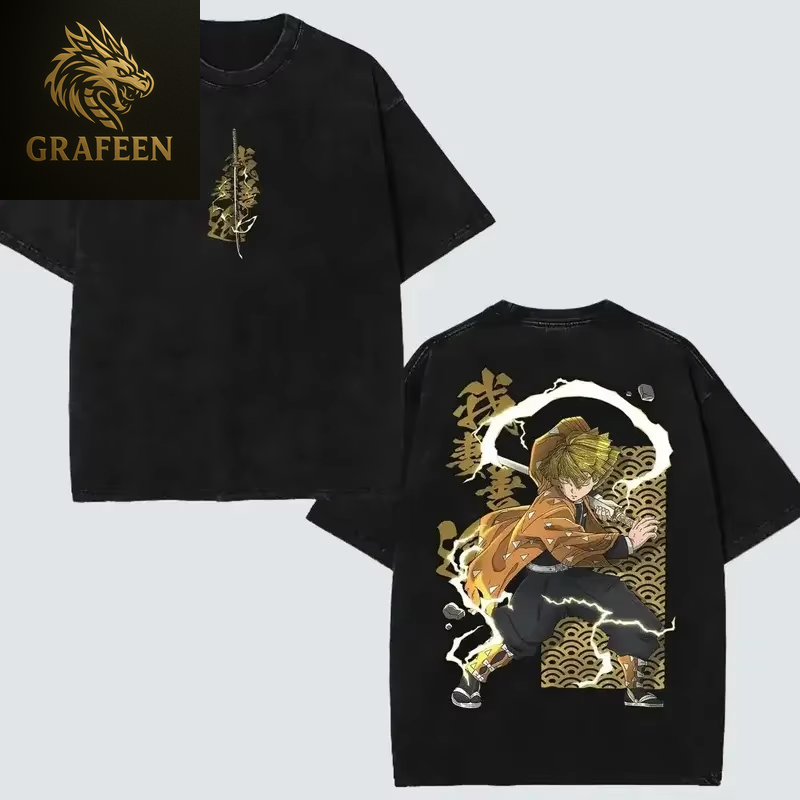 25 New Hot Anime Demon Slayer Agatsuma Zenitsu T-Shirt Men Washed Cotton Casual Loose Harajuku Male Vintage Tees Tops