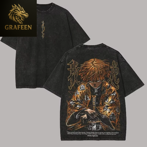 25 New Hot Anime Demon Slayer Agatsuma Zenitsu T-Shirt Men Washed Cotton Casual Loose Harajuku Male Vintage Tees Tops